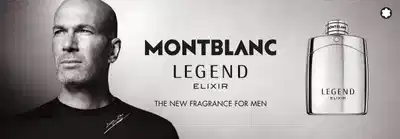 Montblanc Legend Elixir, nova fragrância para homem. Imagem em preto e branco com homem à esquerda e frasco do produto à direita, com design prateado e rótulo Legend Elixir.