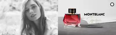 Montblanc Signature Elixir, nova Eau de Parfum feminina com frasco de vidro vermelho e tampa preta dourada, apresentado ao lado de mulher em foto preto e branco, com texto "The New Feminine Fragrance".