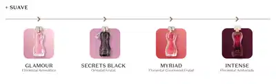 Imagem mostra 3 fragrâncias da linha Glamour alinhadas lado a lado. A versão Glamour original está sobre fundo rosa e é Floriental Aromático. A versão Secrets Black sobre fundo rosa escuro é Oriental Frutal. A versão Myriad sobre fundo alaranjado é Floriental Gourmand Frutal. A versão Secrets Black Intense sobre fundo preto é Oriental Ambarado.