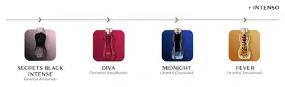 Imagem mostra 3 fragrâncias da linha Glamour alinhadas lado a lado. A versão DIVA está posicionada mais a esquerda sobre fundo vinho, é Floriental Amadeirado; a versão MIDNIGHT, ao meio sobre fundo azul, é Oriental Gourmand; e a versão FEVER, mais à direita sobre fundo amarelo é Oriental Amadeirado.