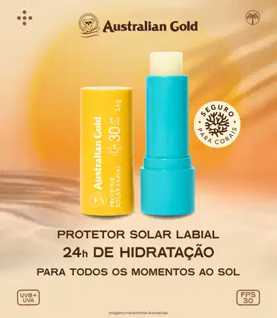 Protetor labial com alta proteção solar. Australian Gold FPS30 hidrata, nutre e defende os lábios contra raios uv e ressecamento.