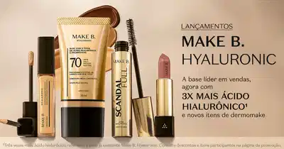 Make B. Hyaluronic FPS 70 o Boticário Cor 120N
Base líquida facial com proteção solar para todos os tipos de pele. Make B. Hyaluronic o Boticário garante pele tratada, uniformizada e protegida com acabamento natural e efeito semi-mate.