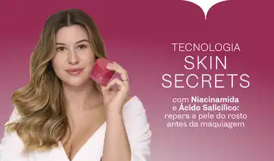 A tecnologia Skin Secrets contém Niacinamida e Ácido Salicílico, que reparam a pele do rosto antes da maquiagem.