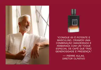 Frasco do Eau de Parfum Iconique 001 sobre fundo vermelho, ao lado da imagem do perfumista Pierre Aulas que traz suas aspas sobre a criação da fragrância.