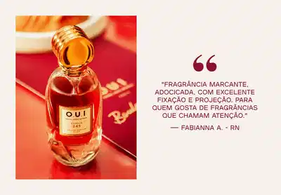 Frasco do Eau de Parfum Scapin 245, ao lado de uma mulher no cenário pariense, comunicando avaliação de consumidora sobre a fragrância.