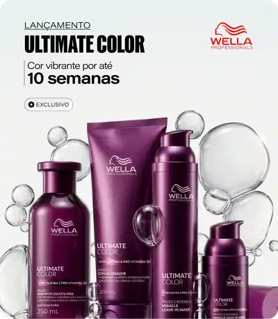 Kit com shampoo, condicionador e máscara leave-in para cabelos coloridos. Wella Professionals Ultimate Color é ideal para manter a cor vibrante por muito mais tempo.