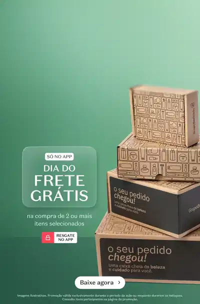 Caixas de papelão empilhadas com logotipo da Shopee, exibindo a oferta "Frete Grátis na compra de 2 ou mais itens selecionados, sem uso de aplicativo". Abaixo, um código QR com a mensagem "Aponte a câmera e baixe o App".