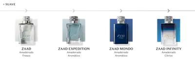 Carrossel com quatro Eaux de Parfum da linha ZAAD. Primeira fragrância: ZAAD Amaderado Fresco em frasco transparente com fundo branco. Segunda fragrância: ZAAD Expedition Amaderado Aromático em frasco azul claro com fundo azul pastel. Terceira fragrância: ZAAD Mondo Amaderado Aromático em frasco azul escuro com fundo azul royal. Quarta fragrância: ZAAD Infinity Amaderado Cítrico em frasco degradê azul e branco com fundo azul. 