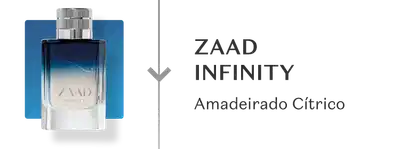 Zaad Infinity Eau de Parfum, fragrância Amadeireado Cítrico, frasco com gradiente de azul a branco e tampa prateada.
