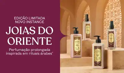 Linha de cuidados corporais Instance Joias do Oriente em cenário iluminado ao lado de fundo roxo, comunicando a perfumação dos rituais árabes.