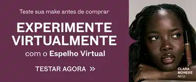 Atriz Clara Moneke ao lado de gloss Eudora, sobre fundo roxo, convidando para testar sua make no Espelho Virtual.