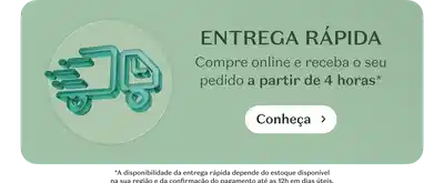 Ícone de caminhão de entrega em tons de verde com texto "ENTREGA RÁPIDA" e descrição "Compre online e receba o seu pedido a partir de 4 horas". Botão "Conheça" com seta. Rodapé com informação sobre disponibilidade de entrega rápida conforme endereço e confirmação de compra.