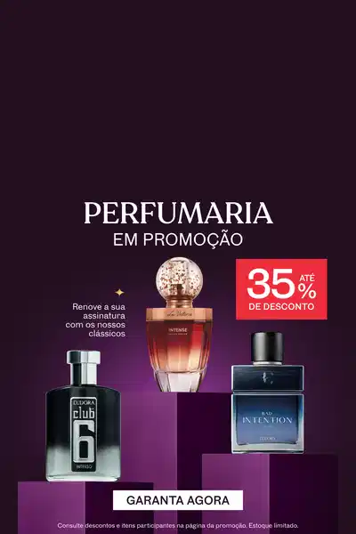Promoção de perfumaria com até 35% de desconto. Diversos frascos em destaque.