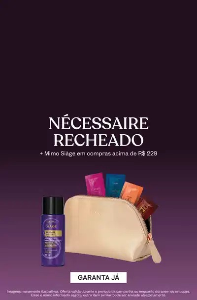 Imagem ilustrativa de nécessaire, sobre fundo roxo com letras brancas comunicando a promoção de nécessaire em compras acima de R$ 229.