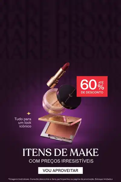 Três itens de maquiagem flutuando sobre fundo roxo, comunicando a promoção de maquiagem com até 60% de desconto.
