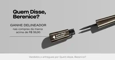 Quem Disse, Berenice? Ganhe Delineador nas compras da marca acima de R$9990. Imagem mostra frasco de delineador líquido com ponta de aplicação fina em tom dourado com logo da marca Quem Disse, Berenice? Vendido e entregue por Beleza na Web.
