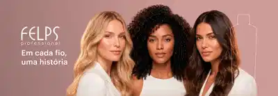 Felps Professional, marca de cuidados capilares, apresenta três mulheres com diferentes tipos e cores de cabelo contra fundo rosa. À esquerda, texto branco "Em cada fio, uma história". À direita, silhueta de frasco de produto. Banner promocional destacando a linha profissional da marca.