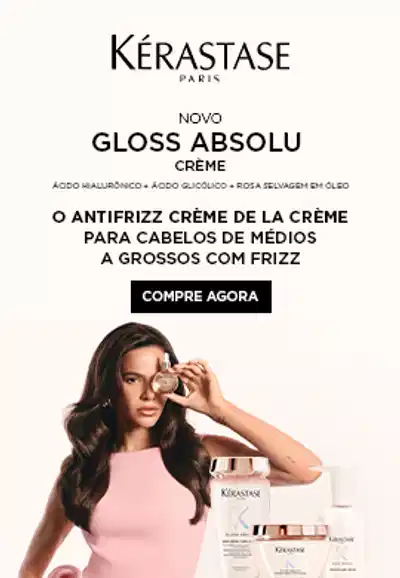 O banner mostra uma mulher com cabelos escuros segurando um produto da marca Kérastase. O texto destaca os benefícios do produto "Gloss Absolu Riche" para cabelos com frizz.