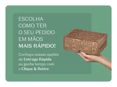 Escolha como ter o seu pedido em mãos mais rápido. Conheça nossas opções de Entrega Rápida ou ganhe tempo com o Clique & Retire. Banner com fundo verde mostrando uma mão segurando uma caixa de papelão marrom com padrão de ícones de produtos de beleza.