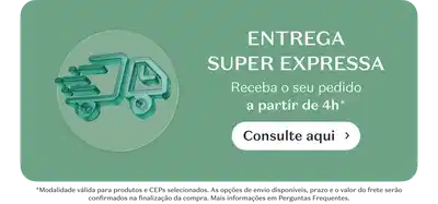 Imagem de uma composição de produtos de beleza, incluindo uma sacola de compras, um relógio, caixas e frascos de cosméticos. A imagem promove o serviço de Frete Super Expresso no carrinho de compras, com a mensagem "Receba no mesmo dia!".