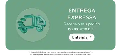 Banner com fundo verde claro apresentando ícone de caminhão de entrega em tom verde médio. Texto em branco: "ENTREGA EXPRESSA" e "RECEBA O SEU PEDIDO NO MESMO DIA" com asterisco. Botão branco "Entenda" com seta à direita. Texto em rodapé: "A disponibilidade da entrega no mesmo dia depende do estoque disponível na sua região e da confirmação do pagamento até às 12h em dias úteis".
