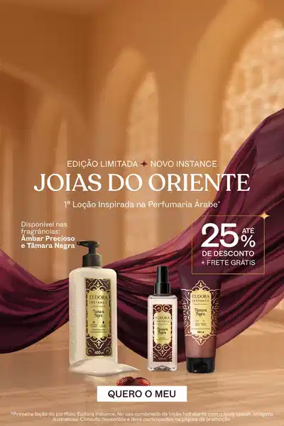 Tecidos flutuantes sobre fundo iluminado ao redor de produtos da linha Instance Joias do Oriente com até 25% de desconto.