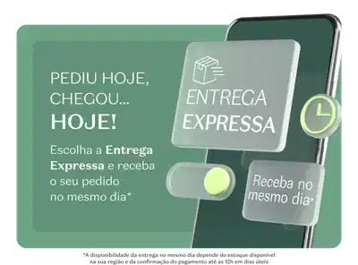 Pediu hoje, chegou hoje. Escolha a Entrega Expressa e receba seu pedido no mesmo dia. Banner com smartphone exibindo ícone de pacote, relógio em amarelo-limão e texto Entrega Expressa. Nota: disponibilidade depende do estoque na região e confirmação de pagamento até 12h em dias úteis.