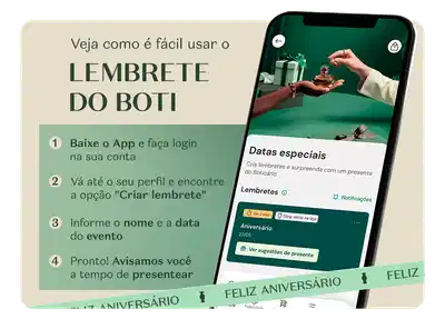 Veja como é fácil usar o Lembrete do Boti. Banner com fundo em tons de bege e verde celebrando Feliz Aniversário. À esquerda, texto em verde escuro "LEMBRETE DO BOTI". No centro, smartphone exibindo tela do app com seção "Datas especiais", informando que ofertas e surpresas com presente do Boticário estão disponíveis para lembranças. À direita, quatro passos numerados em verde: 1. Baixe o App e faça login na sua conta; 2. Vá até o seu perfil e encontre a opção "Criar lembrete"; 3. Informe o nome e a data do evento; 4. Pronto! Avisamos você a tempo de apresentar.