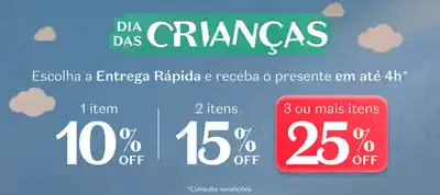 Fundo azul com nuvens brancas que simulam uma decoração infantil comunicando sobre o desconto progressivo em itens infantis.