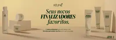 Banner da marca Keune apresentando novos finalizadores favoritos. Ao centro, texto em destaque "Seus novos FINALIZADORES favoritos" seguido de descrição "O toque profissional que você merece, com fórmulas que cuidam dos fios como nenhuma outra". À esquerda, produtos Air Wax e Nestler. À direita, produtos Power Paste, Spring Loaded e Head Lock, todos em embalagens beges. Fundo com tons neutros destacando os produtos dispostos em plataformas. Logo Premium Haircare Since 1922 no canto inferior direito.