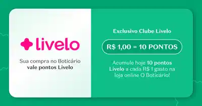 Livelo, sua compra no Boticário vale pontos Livelo. Exclusivo Clube Livelo: R$1,00 igual 10 pontos. Acumule hoje 10 pontos Livelo a cada R$1 gasto na loja online O Boticário.