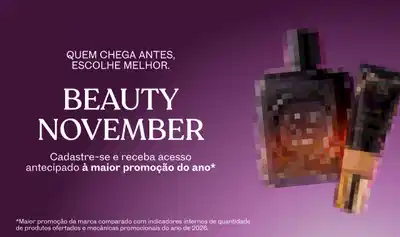 Fundo roxo com texto em branco comunicando a chegada da promoção Beauty November.