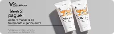 Elizavecca, leve 2 pague 1, compre máscara de tratamento e ganhe outra. Produtos com embalagem branca e laranja exibidos. Botão Aproveite. Válido para produtos vendidos e entregues por Beleza na Web.