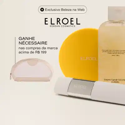 Exclusivo Beleza na Web, marca Elroel Korean Cosmetics. Banner com produtos cosméticos em tons claros e dourados. Texto destaca Necessaire nas compras da marca acima de R$199. Produtos visíveis incluem nécessaire bege, caixa amarela Elroel, frasco com gel de limpeza Enzyme Capsule Cleanser e tubo branco com aplicador. Todos os itens posicionados sobre fundo neutro em composição minimalista.