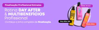 Finalização Profissional Extrema. Rotina Day After & Multibeneficios Profissional. Conheça a linha completa de Finalização. Três produtos Matrix em spray: frasco amarelo com label Day after 48h, frasco rosa com efeito 20 em 1, e frasco vermelho com efeito Glow. Produtos posicionados sobre superfície circular cinza em fundo roxo.