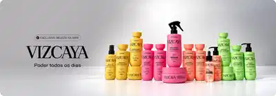 Exclusivo Beleza na Web. Vizcaya Poder todos os dias. Linha completa de produtos para cabelos em três categorias de cores: amarela com shampoo, condicionador e máscara; rosa com shampoo reparador, condicionador reparador, máscara reparadora e spray; laranja com shampoo fortalecedor, condicionador fortalecedor e óleo; verde com shampoo e condicionador nutri-defesa. Embalagens em diferentes tamanhos de 250ml a 500ml.