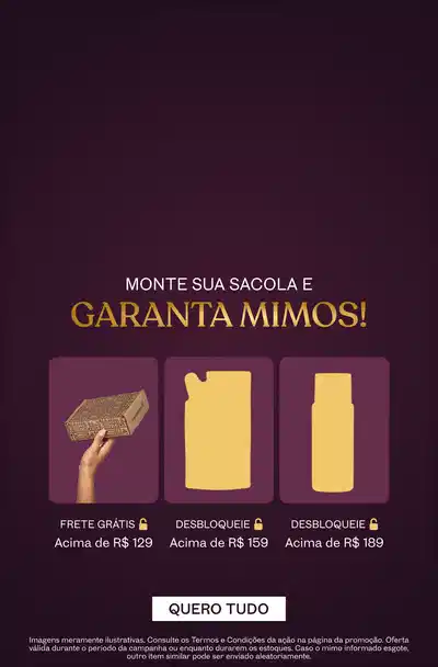 Fundo roxo escuro com imagens ilustrativas de produtos, comunicando mimos surpresa em compras a partir de R$ 129.