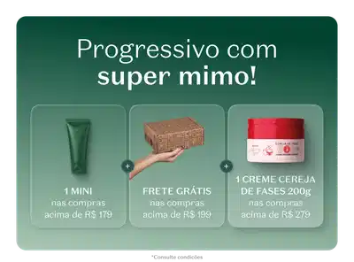 Fundo degradê verde. À esquerda, texto em branco: "Progressivo com super mimo!". Centro: mão segurando embalagem rosa burgundy nativaSPA. À direita, dois cards em tons de verde: "1 MINI" com "FRETE GRÁTIS nas compras acima de R$159" e "1 REFIL ATIVA SPA 350ml nas compras acima de R$279". Botão "Corre" em branco no canto superior direito.