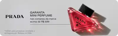 Prada, Garanta Mini Eau de Parfum nas compras da marca acima de R$699,00. Imagem mostra frasco de Eau de Parfum vermelho com tampa preta. Botão "Aproveite" disponível. Válido para produtos vendidos e entregues por Beleza na Web.