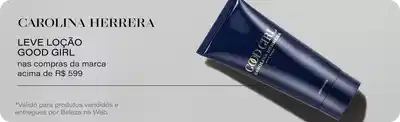 Leve Loção Good Girl nas compras da marca acima de R$599,00. Botão com texto "Ganhe a sua" seguido de seta. Imagem mostra frasco de Loção Corporal Good Girl em tom azul marinho. Texto adicional em cinza: válido para produtos vendidos e entregues por Beleza na Web.