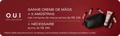 Oferta da marca O.U.i: ganhe Creme de Mãos mais 5 amostras nas compras acima de R$349, mais Nécessaire acima de R$399. Imagem apresenta produtos cosméticos e acessórios em fundo vermelho. Válido para produtos vendidos e entregues por Beleza na Web.