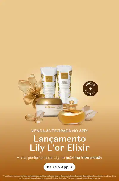 Fundo degradê em tons dourados. À esquerda, texto em branco: "VENDA ANTECIPADA NO APP! Lançamentos Lily 20 anos. A alta perfumaria na máxima intensidade".