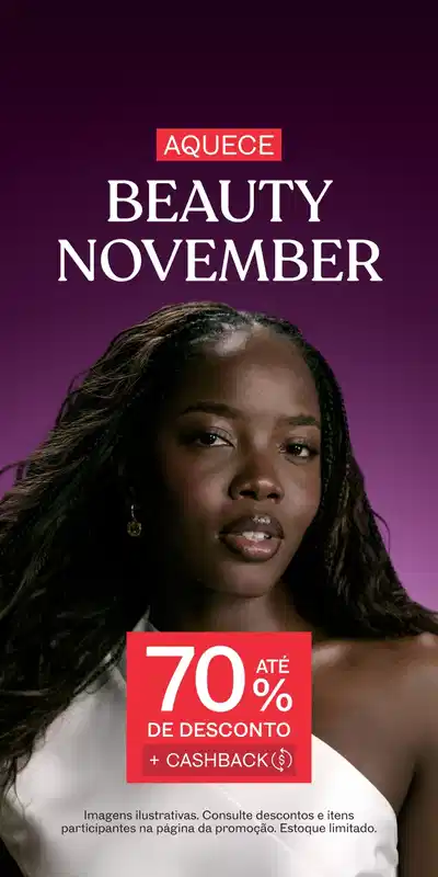 Aquece Beauty November com até 70% de desconto mais cashback. Banner promocional do Grupo Boticário apresentando mulher com cabelo comprido em fundo degradê roxo, usando brinco dourado e top branco. Texto em branco destaca Beauty November com etiqueta vermelha Aquece no topo. Promoção em caixa vermelha exibe 70% de desconto e cashback. Rodapé avisa imagens ilustrativas, consulte descontos e itens participantes na página da promoção, estoque limitado.