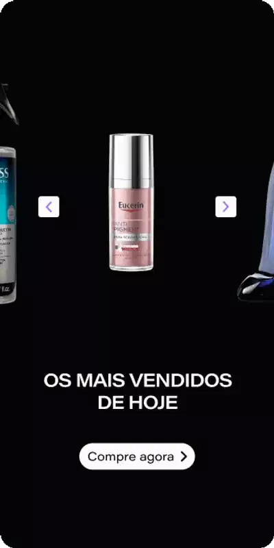Banner com fundo preto mostrando produtos de beleza em destaque, incluindo um frasco de perfume em tom rosa e spray na lateral. Texto em destaque: "EM ALTA". Abaixo, a frase "Os itens + pedidos de hoje atualizados em tempo real" e o botão "Explore".