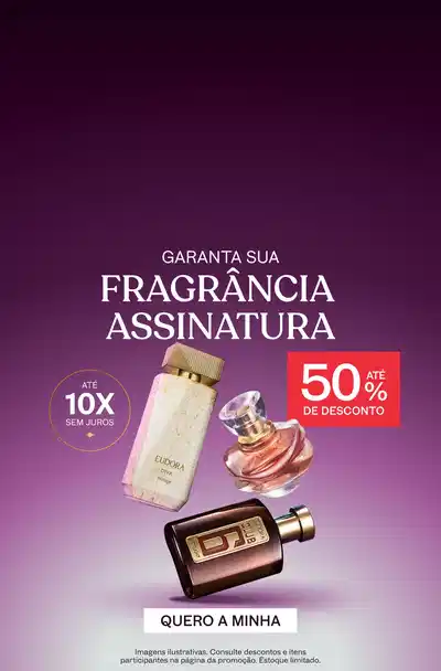 Três frascos de perfumaria sobre fundo roxo comunicando desconto de até 50% com parcelamento de até 10x sem juros.