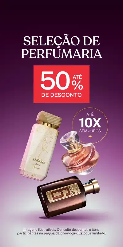 Três frascos de perfumaria sobre fundo roxo comunicando desconto de até 50% com parcelamento de até 10x sem juros.