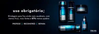Linha Truss Uso Obrigatório com produtos em embalagens azuis e pretas. Blindagem para fios ainda mais saudáveis, com menos frizz, mais fortes e 87% menos quebra. Benefícios: Protege, Reconstrói, Repara. Produtos incluem shampoo, condicionador, máscara capilar, leave-in e sérum da marca Truss Professional.