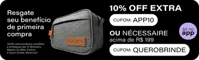 Ganhe 10%OFF só no APP na primeira compra em produtos vendidos e entregues por Beleza na Web, Eudora e Quem Disse Berenice. Cupom: APP10