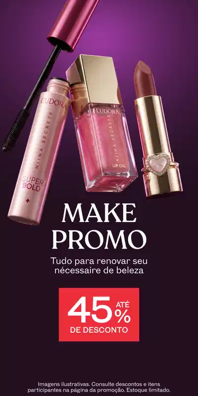 Três itens de maquiagem flutuando sobre fundo roxo, comunicando a promoção de maquiagem com até 45% de desconto.