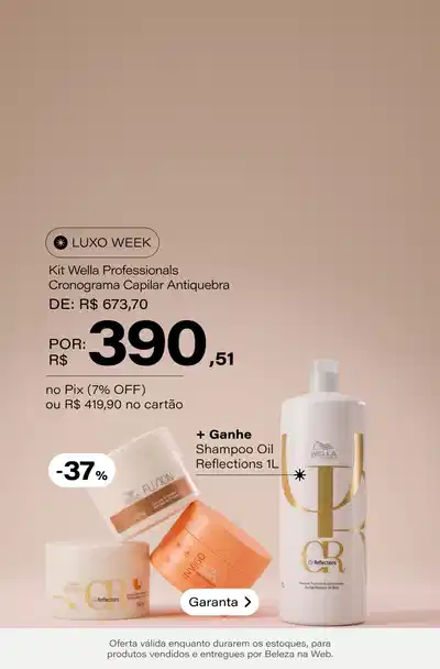 Kit Wella Professionals Cronograma Capilar Antiquebra (3 Produtos) De: R$ 673,7 Por: R$ 419,9 Selo: 37% OFF + Ganhe Shampoo Oil Reflections 1L (No Pix: R$390,51 - 7% OFF)*Vendidos e entregues por Beleza na Web